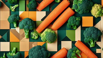 Vegetarian wallpaper with colorful fresh vegetables carrot broccoli cauliflower vegan mosaic 4K - obrazy, fototapety, plakaty