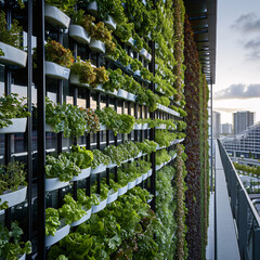 Multi-tiered urban balcony garden with diverse plants. Sustainable living and urban greening concept. Design for environmental poster, urban agriculture brochure, green architecture banner
