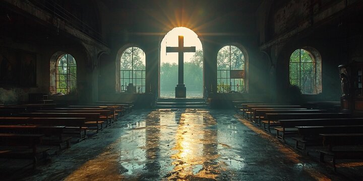 view from the window of the Catholic cross, generative ai.