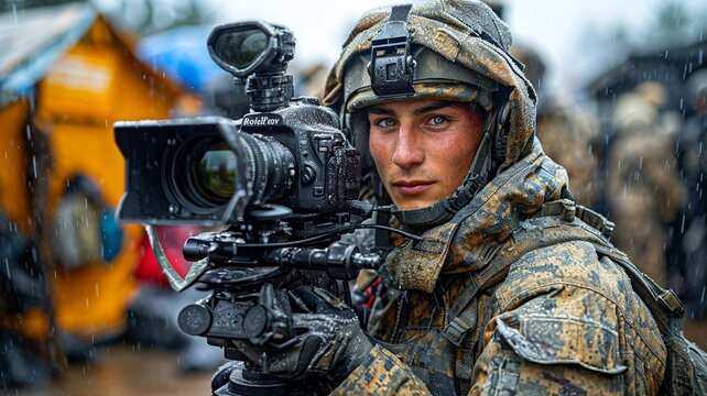 War reporter broadcasting live from a conflict zone, generative ai.