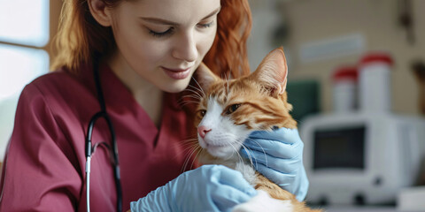 Red-haired veterinarian gently holding a ginger cat. Compassionate pet care and veterinary clinic concept. Design for animal health brochure, vet services poster, pet wellness banner
