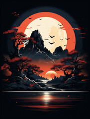 T-shirt design, Chinese traditional festival Mid-Autumn Festival, the moon, mountains, lakes, minimalist scenery created with Generative Ai