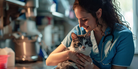 Curly-haired veterinarian holding a grey and white cat. Professional pet care and animal treatment concept. Design for veterinary services brochure, feline healthcare guide, vet clinic poster
