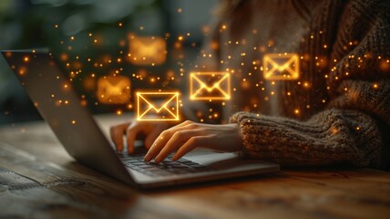 A direct selling project for an email marketing list featuring a woman hand using a laptop with an email icon, An email marketing concept with a notification alert generative ai