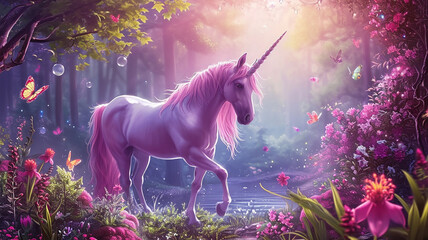 cute pink unicorn with flowers. - obrazy, fototapety, plakaty