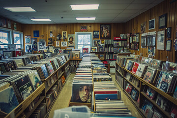 Wide selection of vinyl records in an established record store. Music heritage and vinyl culture...
