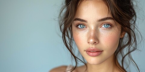 Close-up beauty portrait of a young woman with clear and healthy skin, attractive features, and stylish makeup in a bright studio setting. - obrazy, fototapety, plakaty