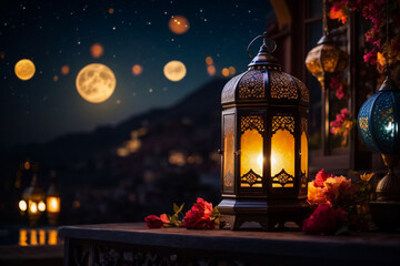 "Ramadan Glow: Moon and Lantern in the Night Sky"