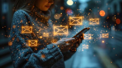 An email marketing image using a woman's hand and a smartphone with a smartphone icon Email marketing ideas using notifications, generative ai. - obrazy, fototapety, plakaty