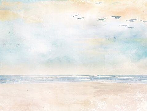 Dreamy beach watercolor painting with flying birds and abstract sky. Freedom and nature concept. Design for inspirational poster, calming wall art, peaceful decor
