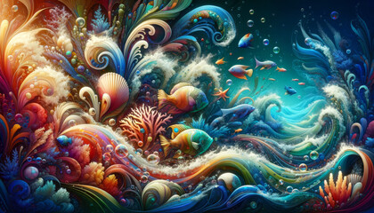 Fototapeta na wymiar Whimsical Oceanic Flow. Whimsical ocean illustration with dynamic flow and colourful marine fauna.