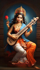 Fototapeta na wymiar Vector illustration of Saraswati, goddess of wisdom for auspicious Vasant Panchami. Ai Generated
