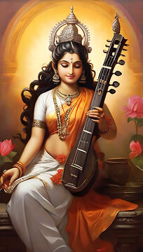Vector illustration of Saraswati, goddess of wisdom for auspicious Vasant Panchami.  Ai Generated