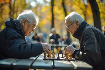 Elderly best friends playing chess in public park, having fun together.