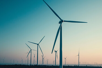 Fototapeta premium Wind turbines in a desert landscape at dusk. Renewable energy and sustainability concept. Design for environmental poster, eco-friendly theme, technology background 