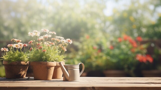 Colorful Flower Pots With Watering Can And Gloves On Table   Sunny Garden Banner With Copy Space