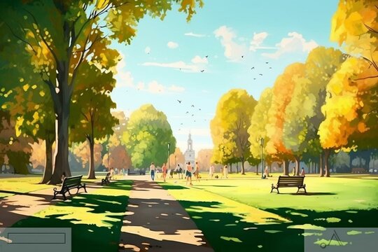 A sunny day in an English park in Wolverhampton, depicted in a horizontal canvas illustration. Suitable for printing. Generative AI