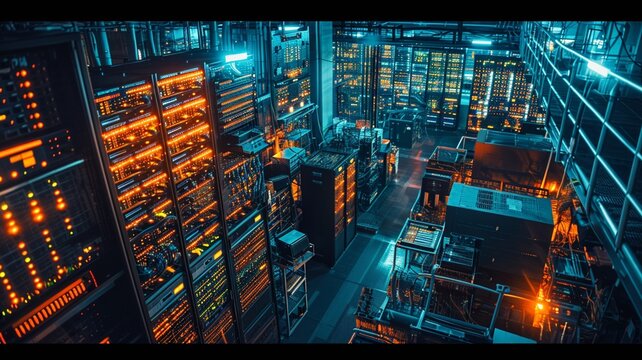 bird's-eye view, array of secure servers in a data center, top view in room, industrial area, evening, LED lights, secure, Drone Camera, generative ai.