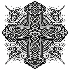 celtic cross illustration, tattoo art, pattern, vector, black and white