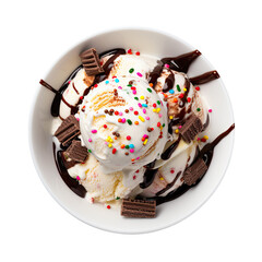 A Bowl of Vanilla Ice Cream with Colorful Candies and Chocolate Sauce Isolated on a Transparent Background 