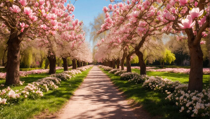 Fototapeta premium Alley of blooming magnolias in the park
