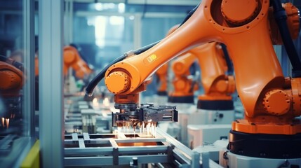 Advanced high, precision, robots, working in high-tech factory. 