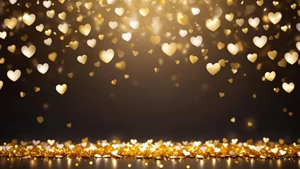 Fotobehang Golden defocused heart shaped lights on a dark vintage background. St.Valentine's Day,Love Wedding wallpaper.Banner for design with copy space.AI generated. © svf74