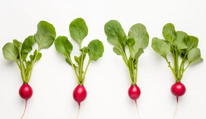 Fotobehang Fresh radish with leaves creative pattern isolated on white background. Top view and flat lay © Viks_jin