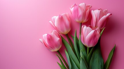 pink tulips on a pink background, space for text on a holiday card