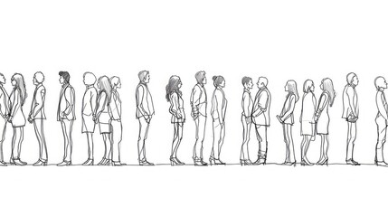People are standing in line. Silhouettes of people, sketch, diverse group of standing people - obrazy, fototapety, plakaty