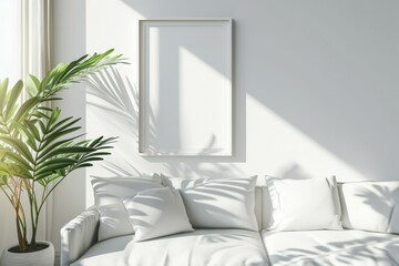 simple minimalist frame mockup poster hanging on the white wall with plant decoration.