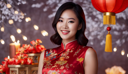 asian portrait a beautiful girl , women wearing a cheongsam,  chinese new year's eve, asian girl in traditional suit, chinese new year background