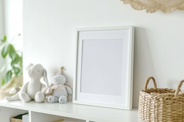 simple minimalist frame mockup poster hanging on the white wall with plant decoration.