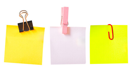 Colorful cards hung in three different ways. Isolated background.