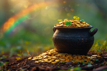 Pot with gold coins, and rainbow. St. Patrick's Day celebration - obrazy, fototapety, plakaty
