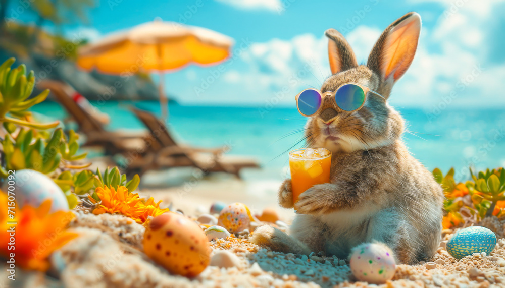 Wall mural a bunny in sunglasses enjoys cocktail on the beach - Wall murals