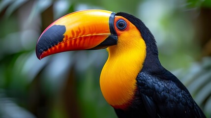 Fototapeta premium Beautiful image of an adorable toucan in vivid colors in nature. Macro of a captivating and adorable toucan. Animal beauty in focus.