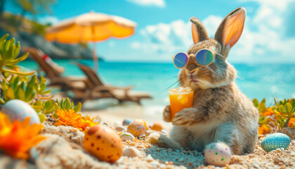 A bunny in sunglasses enjoys cocktail on the beach - obrazy, fototapety, plakaty