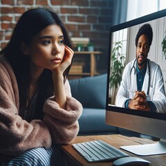 Telemedicine. Young woman consults doctor for medical advice. Online telemedicine consultation remote from home. Therapist. Doctor's video consultation. Physician online appointment. Generative AI. - obrazy, fototapety, plakaty