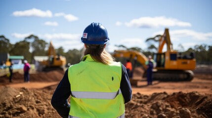 Rear view of woman foreman working on construction site with high vis jacket and hardhat, blurred diggers and workman in the background