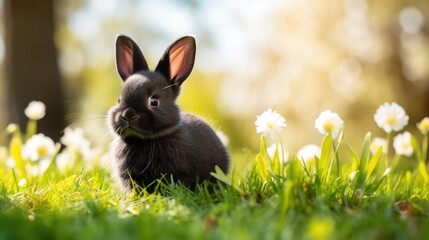 Easter black bunny on the lawn with space for text