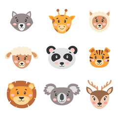 Cute cartoon animals for children. Wolf, giraffe, llama, lion, panda, tiger, deer, koala, sheep. Vector illustration.