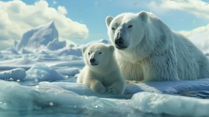 Fotobehang Polar Bear and Cub on Melting Iceberg © Christophe