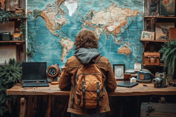 Traveler with backpack looking at world map