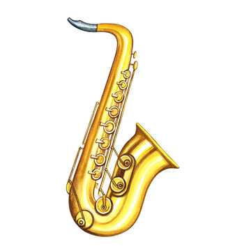 The golden saxophone. The watercolor illustration is hand-drawn. Isolate. For posters, flyers and invitation cards. For banners and postcards. For logos, badges, stickers and prints.