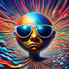 portrait cartoon caricature of a male wearing sunglasses, in the style of extreme Surrealism. suitable for an album cover
