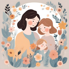A woman is holding her two daughters in a garden. Concept of warmth and love between the mother and her children