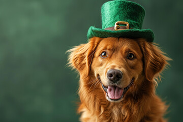 St. Patrick's Day. Dog in a leprechaun hat on a green background - obrazy, fototapety, plakaty