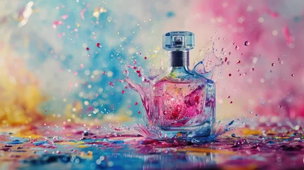 Fotobehang a crystal clear bottle of perfume among a symphony of multi-colored splashes of liquid © Diana