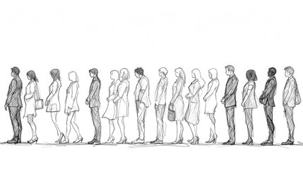 People are standing in line. Silhouettes of people, sketch, diverse group of standing people